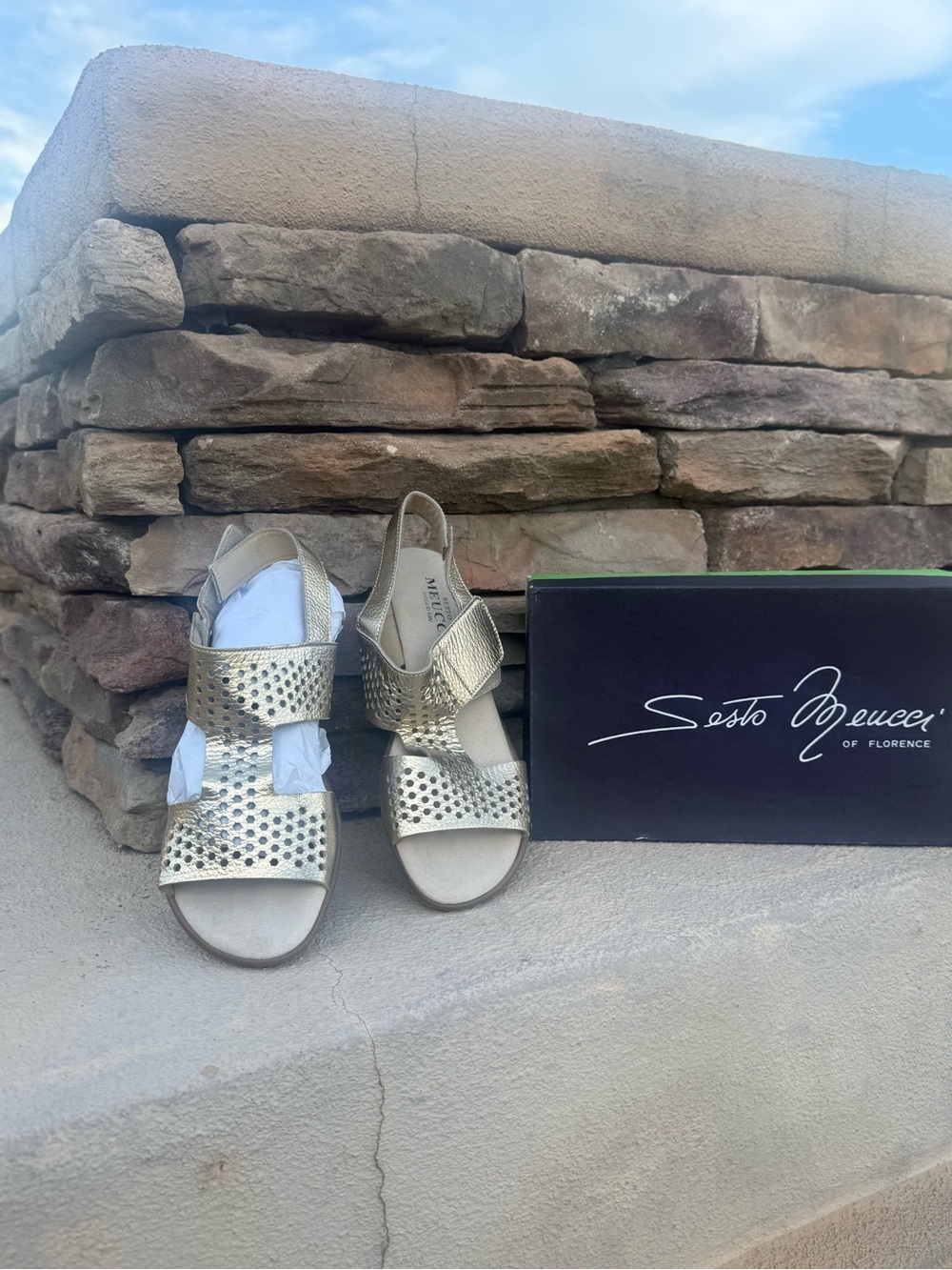 Sesto Meucci Metallic Gold Perforated Hook-and-Loop Sandals